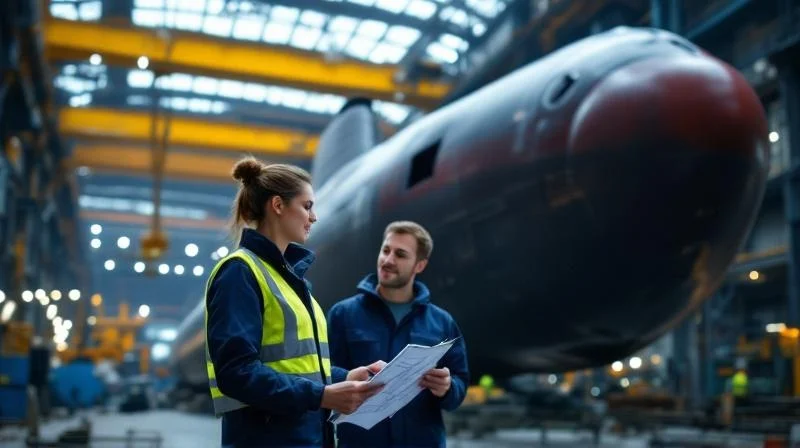 Ausbilder erklärt einer Auszubildenden in einer Kieler Werft eine Schiffskomponente
