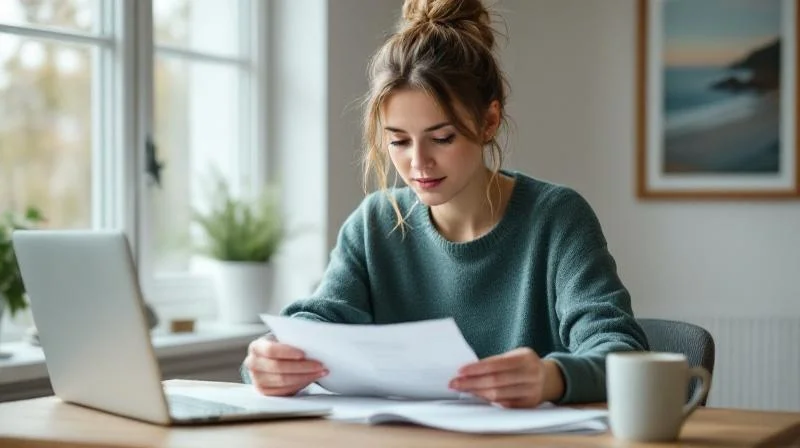 Frau am Schreibtisch in Kiel bereitet Unterlagen fuer den Bildungsgutschein vor