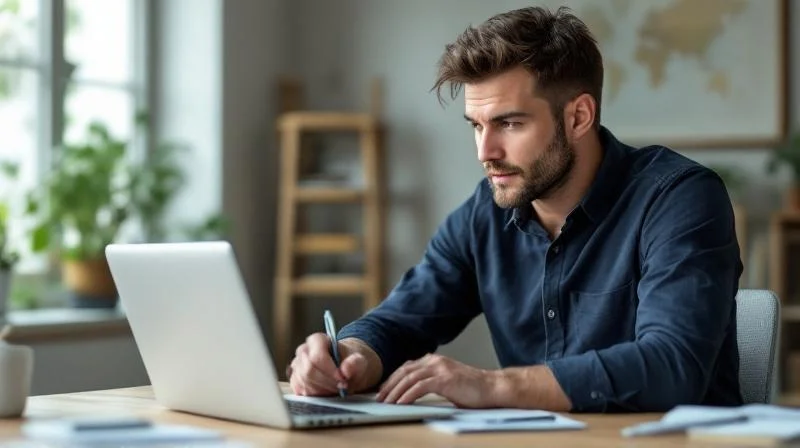 Mann sitzt am Schreibtisch mit Laptop und Notizblock in einem hellen Buero in Kiel