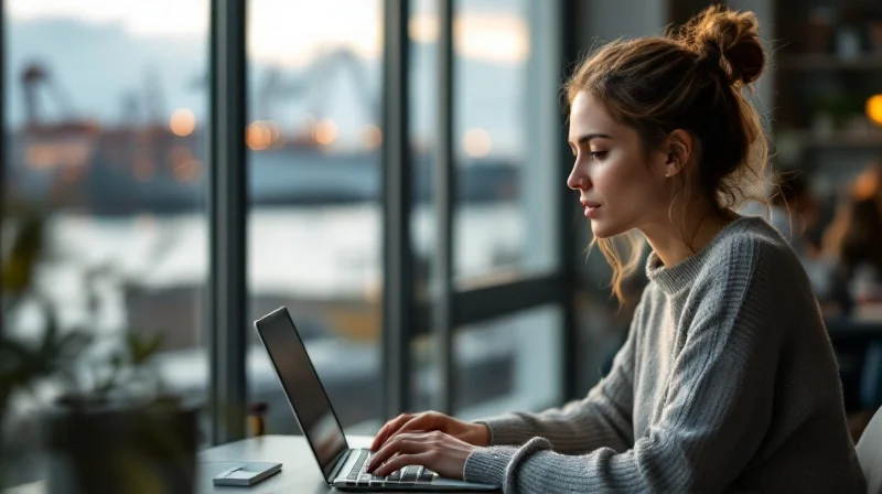 Kieler Angestellter im Coworking-Space mit Laptop, im Hintergrund Förde- und Werftkulisse