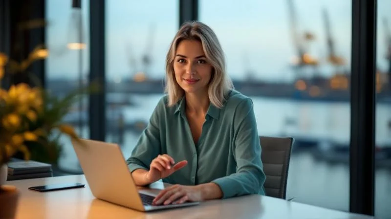 Frau arbeitet an einem Laptop in einem hellen Kieler Buero mit Blick auf den Hafen