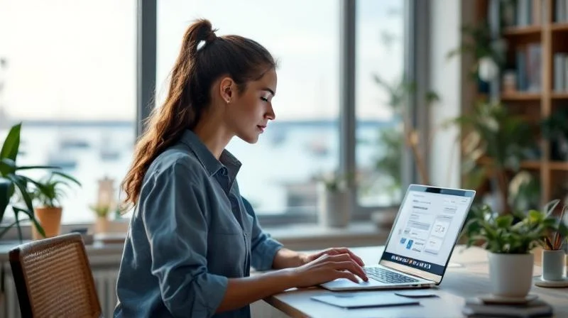 Quereinsteigerin in Kiel arbeitet im Homeoffice mit Blick auf die Kieler Förde